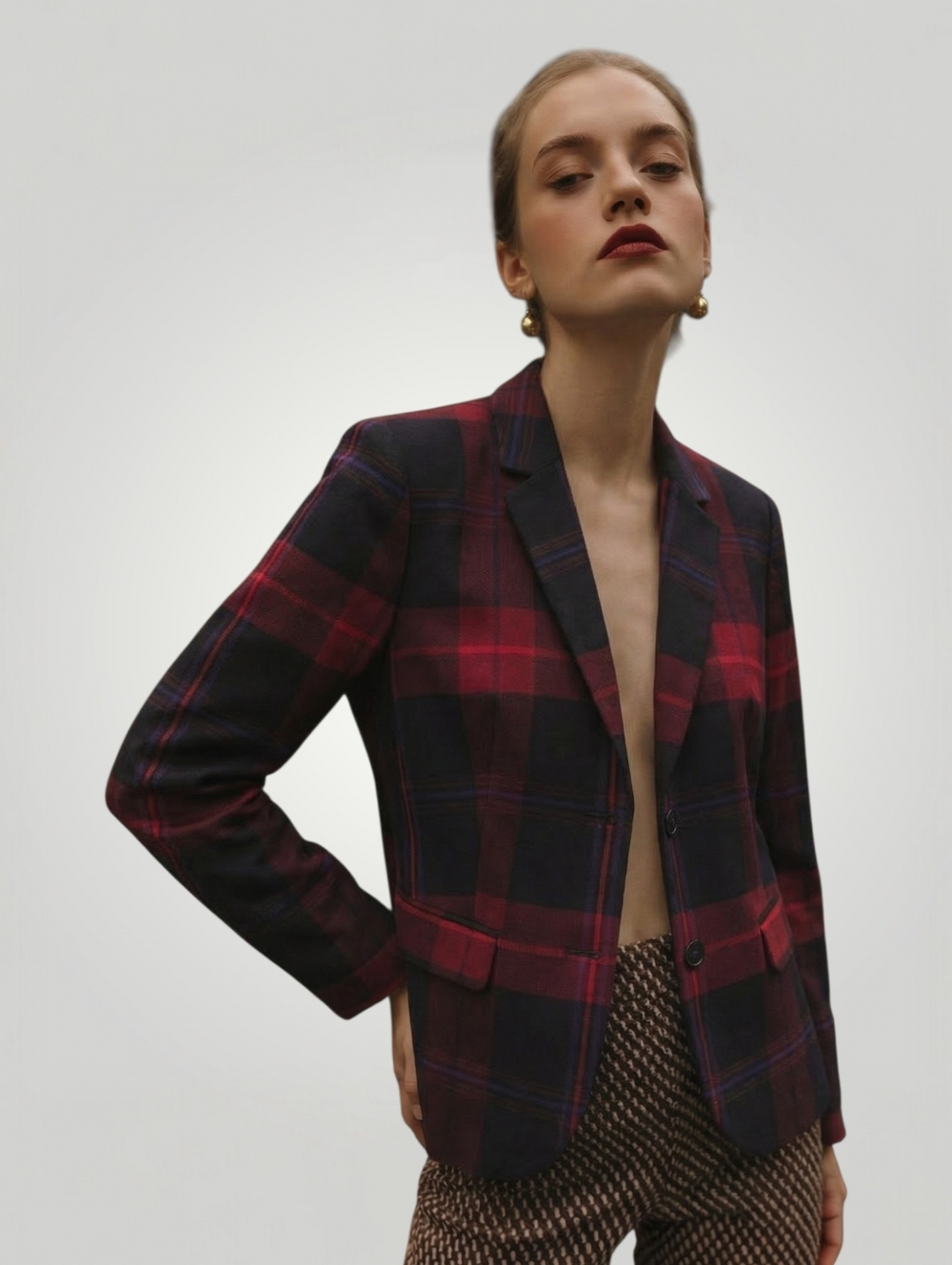 Tommy Hilfiger Navy Burgundy Tartan Plaid Blazer 8 Dark Academia Preppy Old Mone